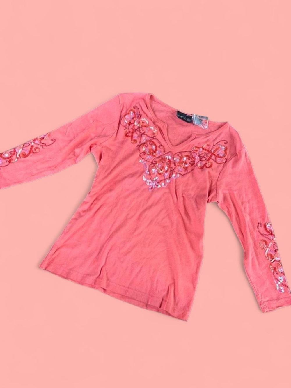 Y2K deadstock Pink Embellished Long-Sleeve Top - Brand Unspecified